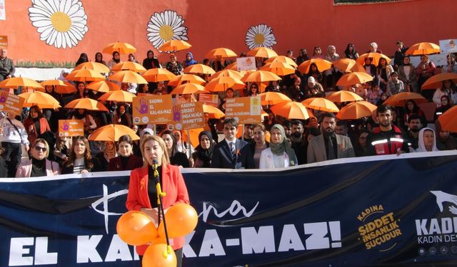 Şırnaklı kadınlardan turuncu şemsiyeli yürüyüş