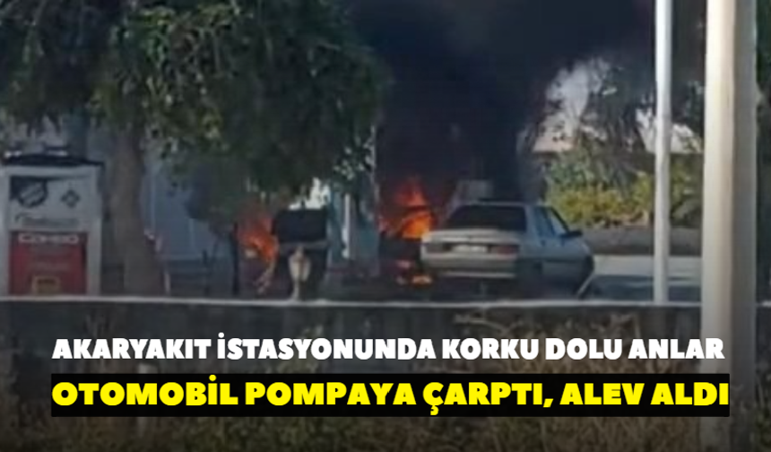 İzmir'de facianın eşiğinden dönüldü! Otomobil pompaya çarptı, alev aldı