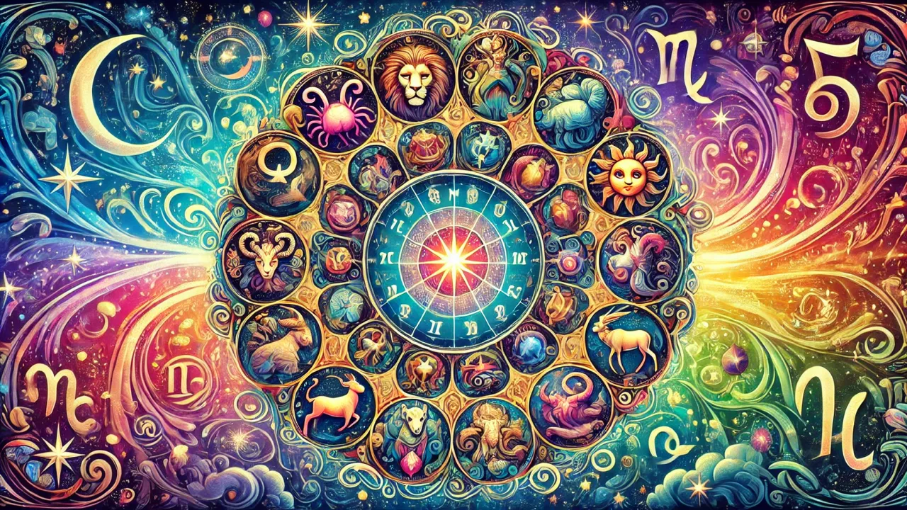 Dalle 2024 07 07 163605 A Vibrant And Colorful Horizontal Illustration Showcasing The Twelve Zodiac Signs Arrayed In A Circle Each Depicted With Unique Symbols And Character