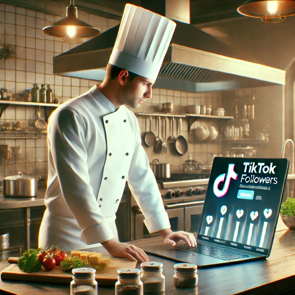 Dall·e 2024 09 12 11.47.29 A Realistic Scene Featuring A Professional Chef In A Modern Kitchen, Standing At A Counter With A Laptop. The Chef Is Dressed In A Traditional White C