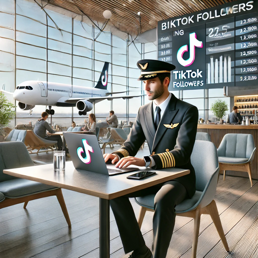 Dall·e 2024 09 12 11.50.15 A Realistic Scene Showing A Professional Airline Pilot In A Modern Airport Lounge, Sitting With A Laptop On A Table. The Pilot, Dressed In A Tradition