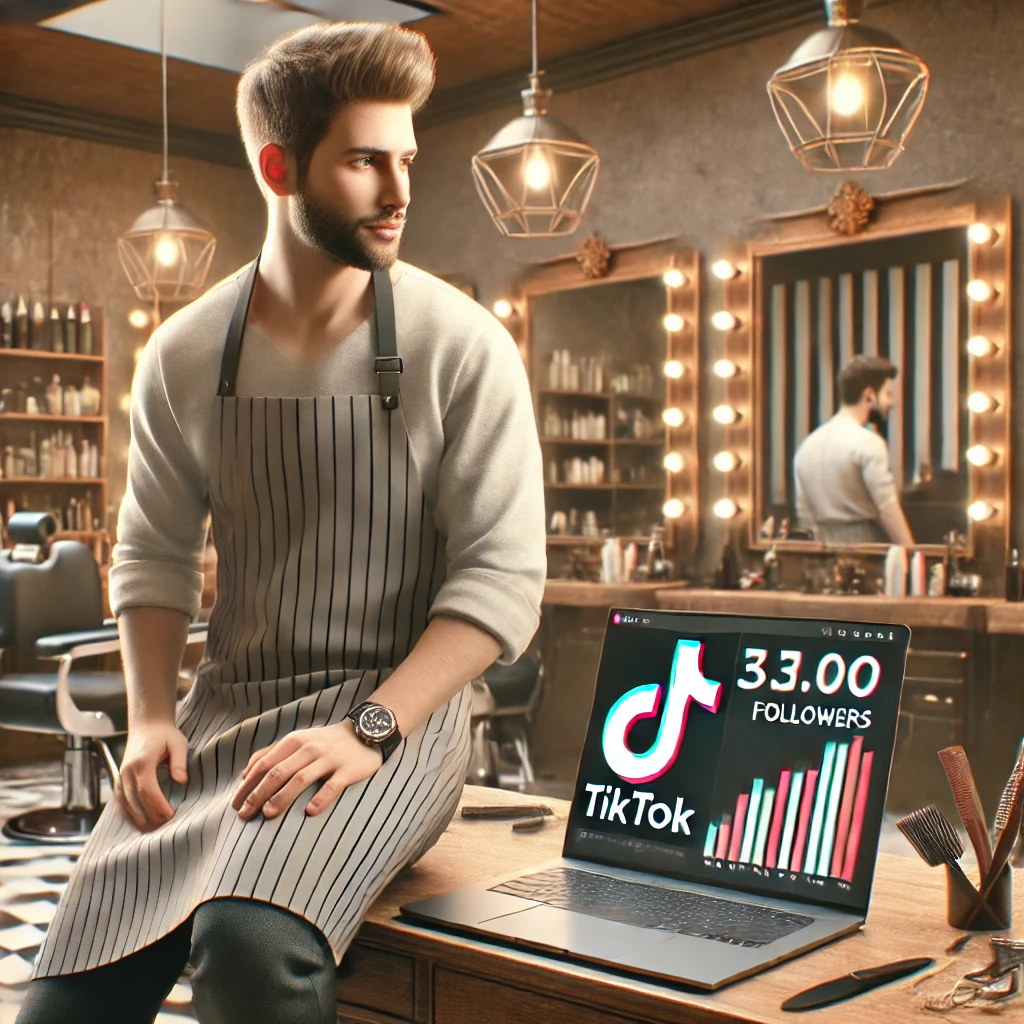 Dall·e 2024 09 12 11.50.46 A Realistic Scene Showing A Professional Barber In A Stylish Barbershop, Sitting At A Counter With A Laptop. The Barber, Dressed In A Casual Yet Profe