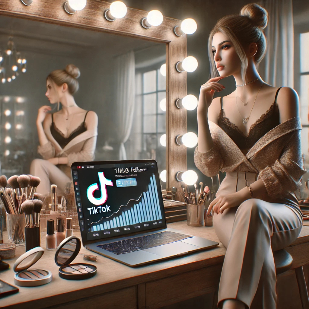 Dall·e 2024 09 12 11.51.20 A Realistic Scene Featuring A Professional Female Makeup Artist In Her Studio, Sitting At A Vanity With A Laptop. The Makeup Artist, Dressed Stylishly