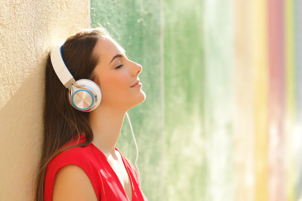 Relaxed Woman Listening Music Colorful 95747206