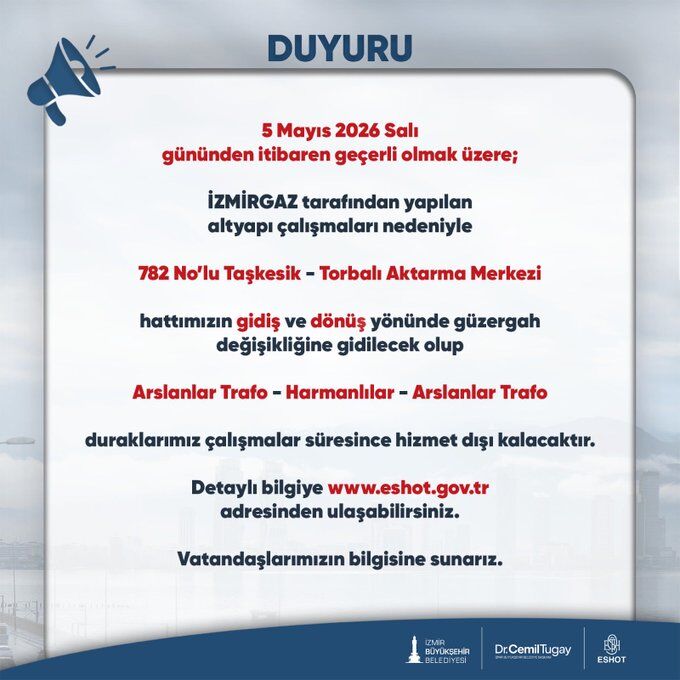 Torbalı'da Bu Hattı Kullanacaklar Dikkat! Eshot Duyurdu Bazı Duraklar Hizmet Dışı Kalacak