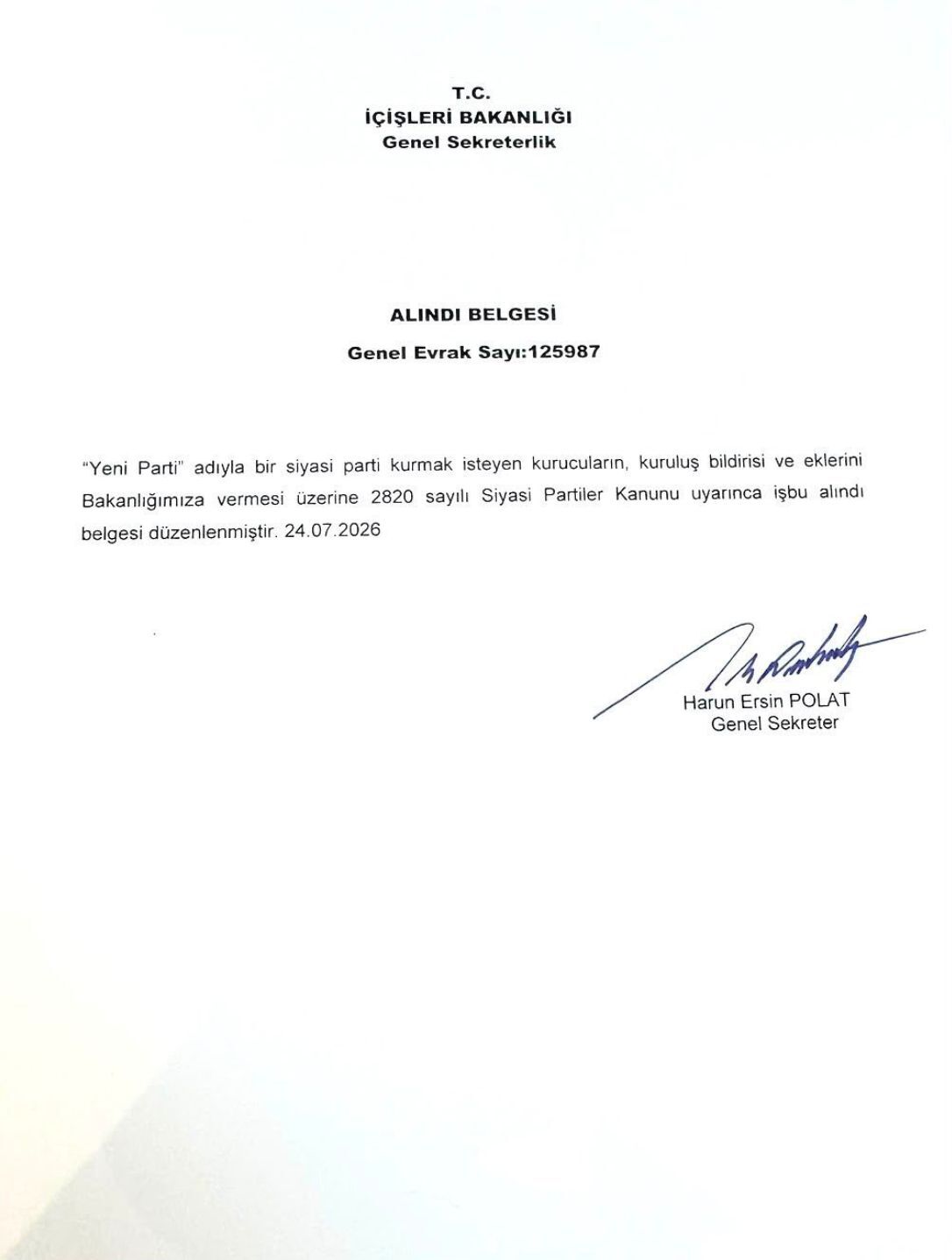 Yeni Partinin Basvurusu Icisleri Bakanligina Iletildi 3333